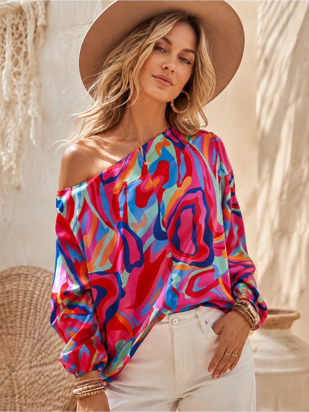 Off-Shoulder Rainbow Boho Abstract Print Women's Blouse Size large